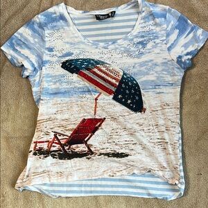 Onque Casual Blue and White Striped Beach Graphic T-Shirt